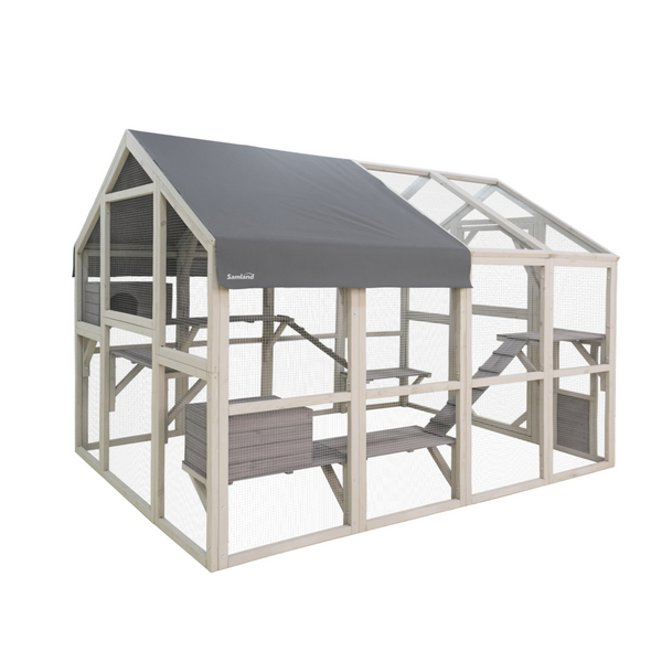 Samland Large Wooden Outdoor Cat House Catio with Platforms, Ramps, Cozy Houses and Weatherproof Roof