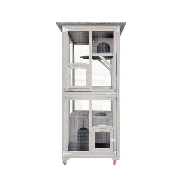Samland Outdoor Wooden Cat Enclosure Catio with Wheels, Double Cat Houses & Roof