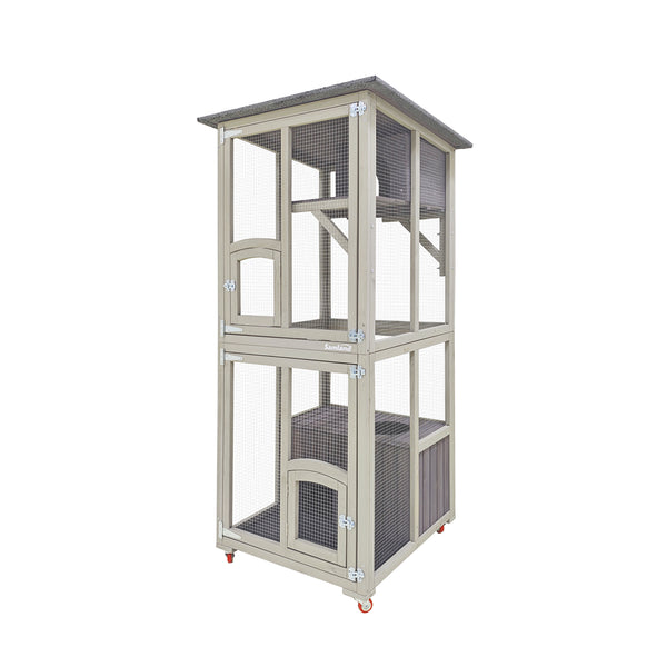 Samland Outdoor Wooden Cat Enclosure Catio with Wheels, Double Cat Houses & Roof